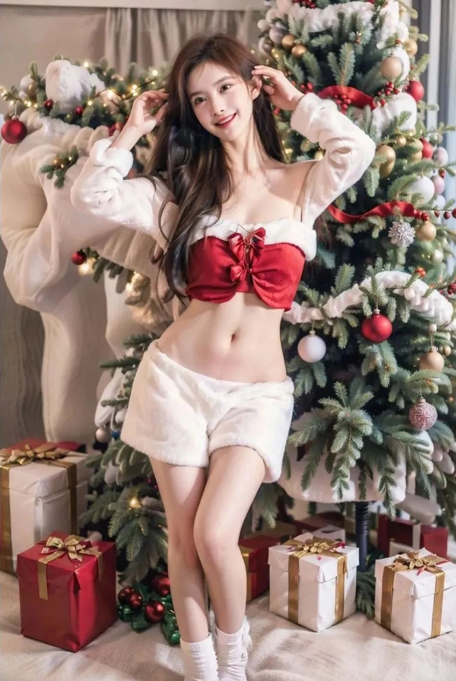 美女写真——校花学姐穿上圣诞服辣妹裙写真，简直不要太好看