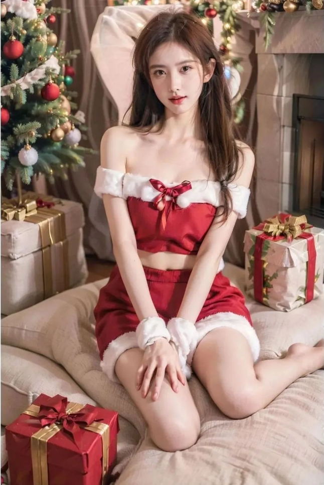 美女写真——校花学姐穿上圣诞服辣妹裙写真，简直不要太好看